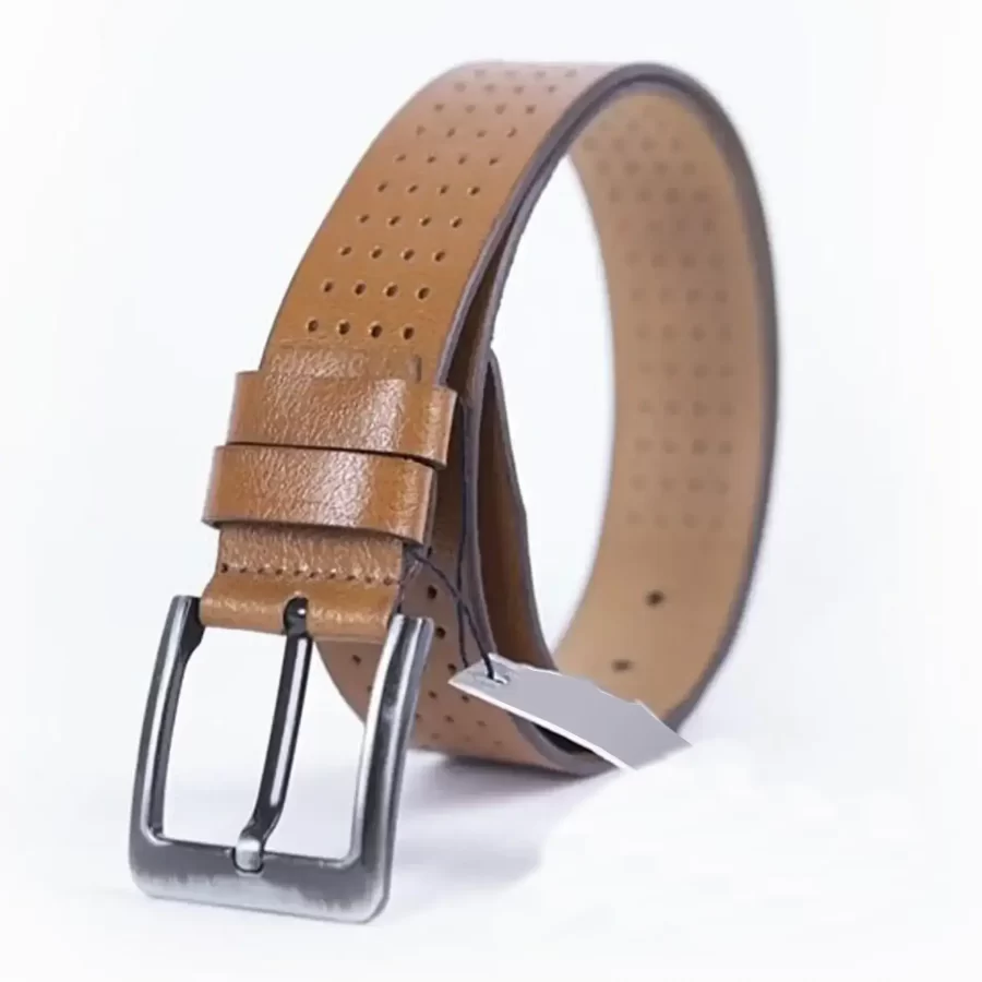 Light Brown Mens Belt For Jeans Wide Dotted Calf Leather ST00862 3