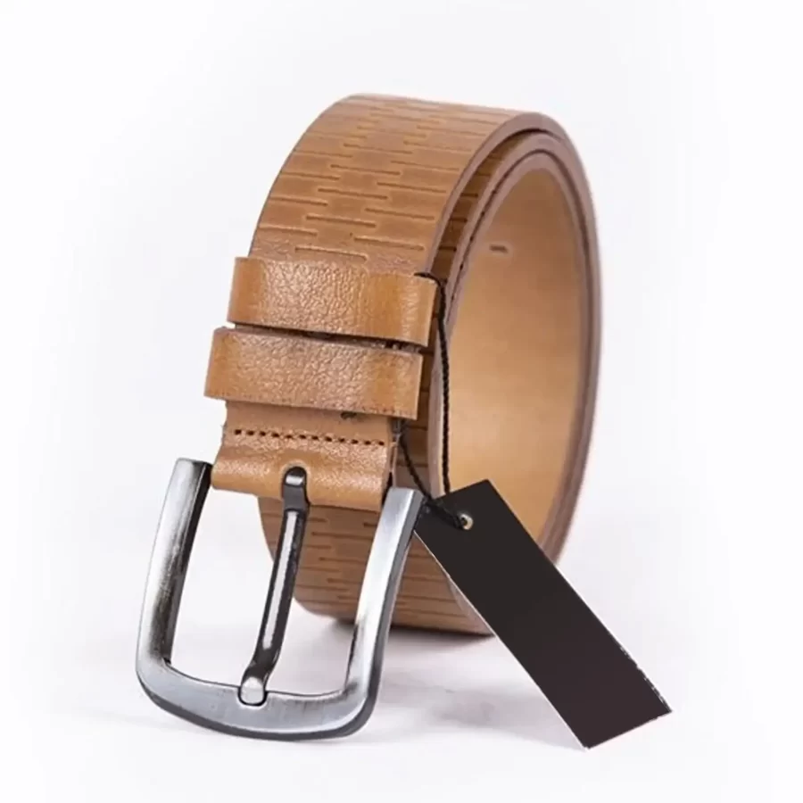 Light Brown Mens Belt For Jeans Wide Genuine Leather With Texture ST01308 3