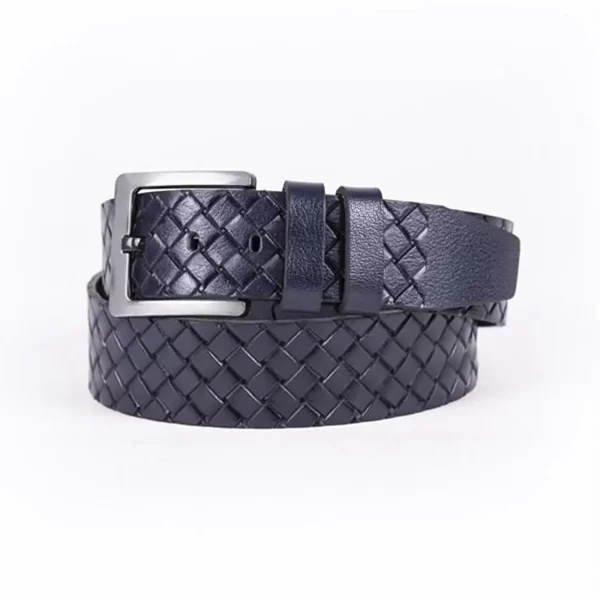 Navy Blue Mens Belt Casual Wide Woven Check Emboss Calfskin Woven Emboss Leather ST01280 4