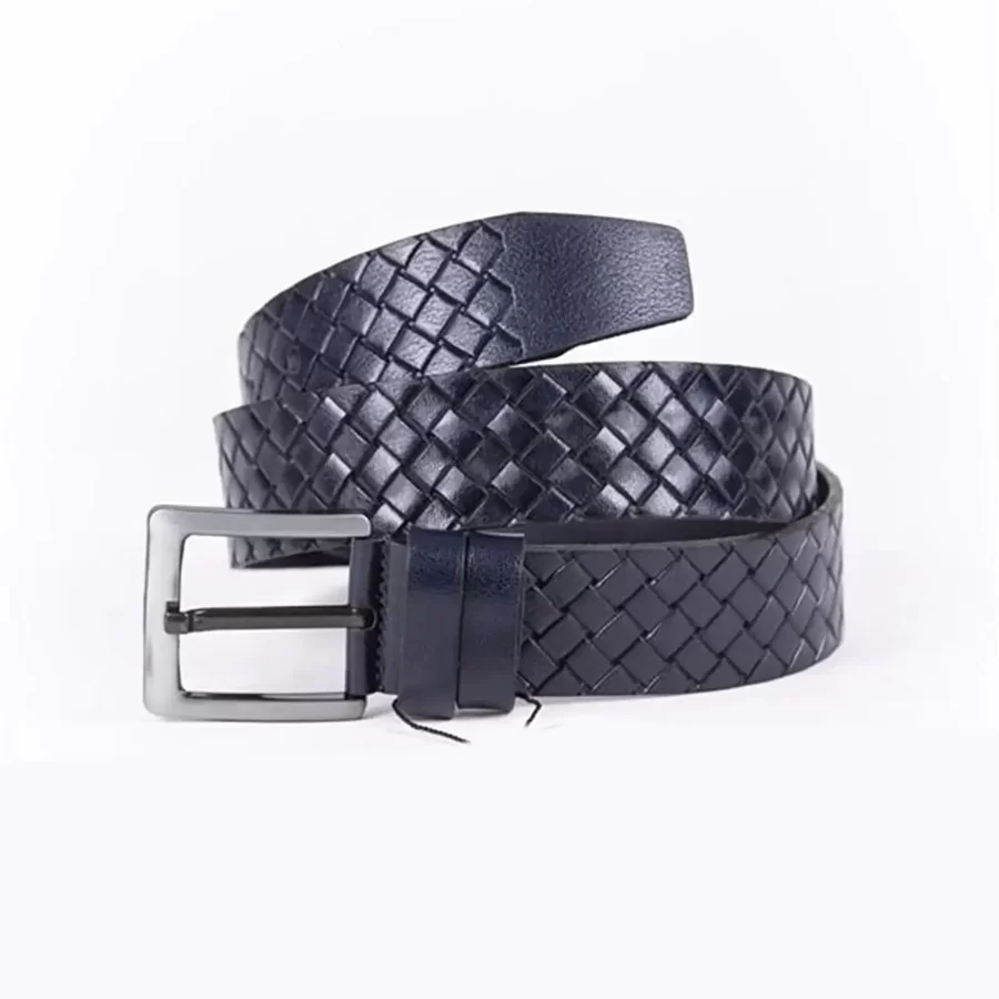 Navy Blue Mens Belt Casual Wide Woven Check Emboss Calfskin Woven Emboss Leather ST01280 5