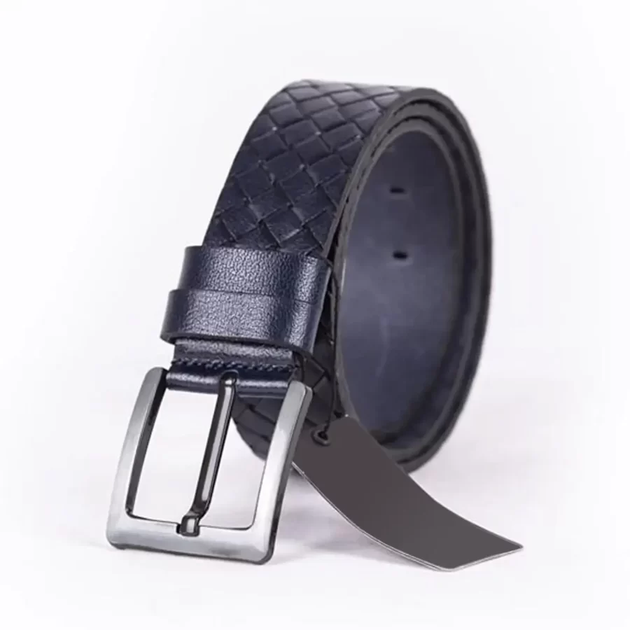 Navy Blue Mens Belt Casual Wide Woven Check Emboss Calfskin Woven Emboss Leather ST01280 6