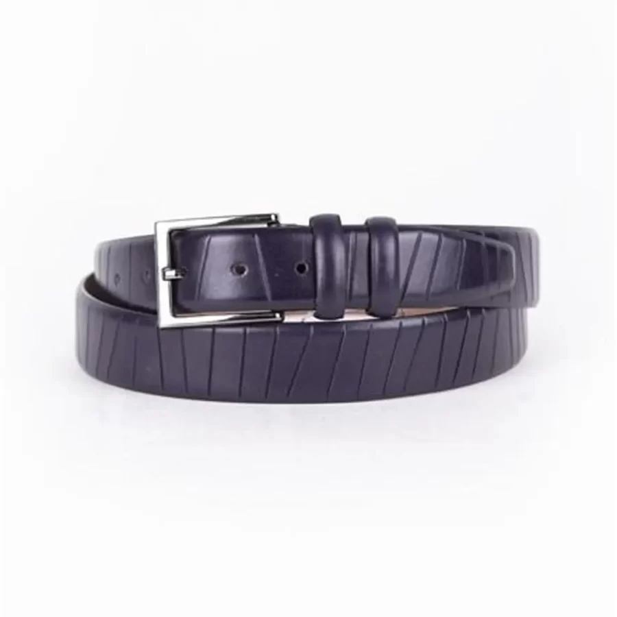 Navy Blue Mens Belt Dress Line Embossed Calfskin ST01458 10