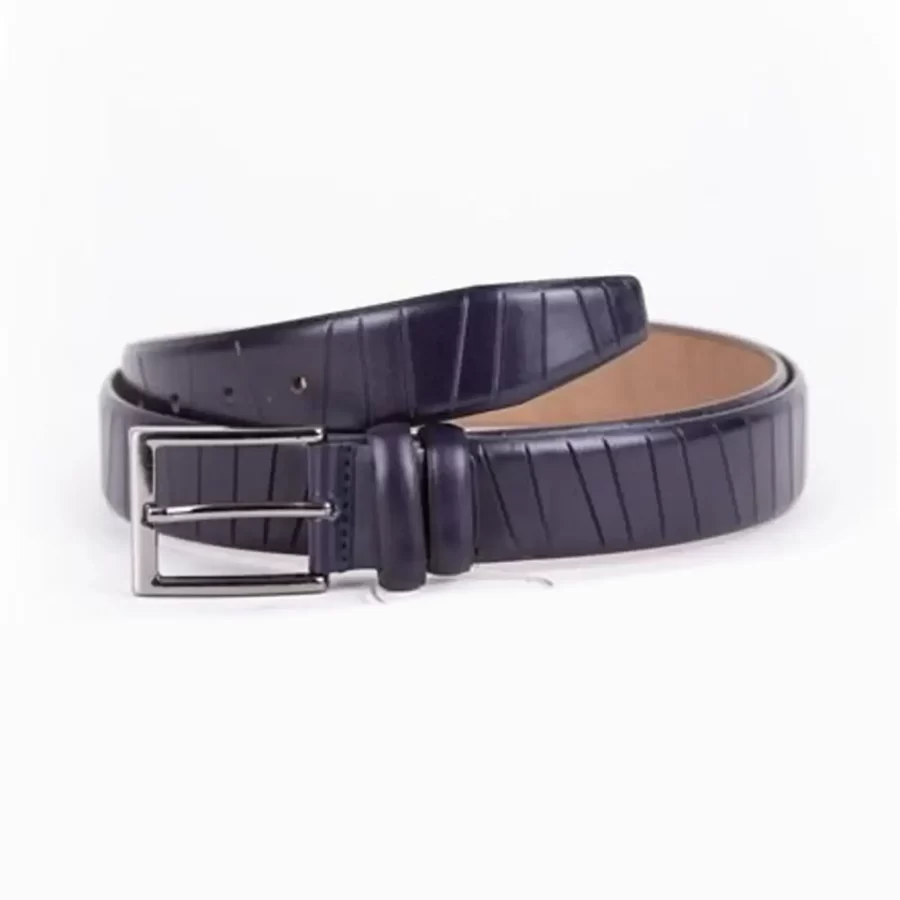 Navy Blue Mens Belt Dress Line Embossed Calfskin ST01458 11