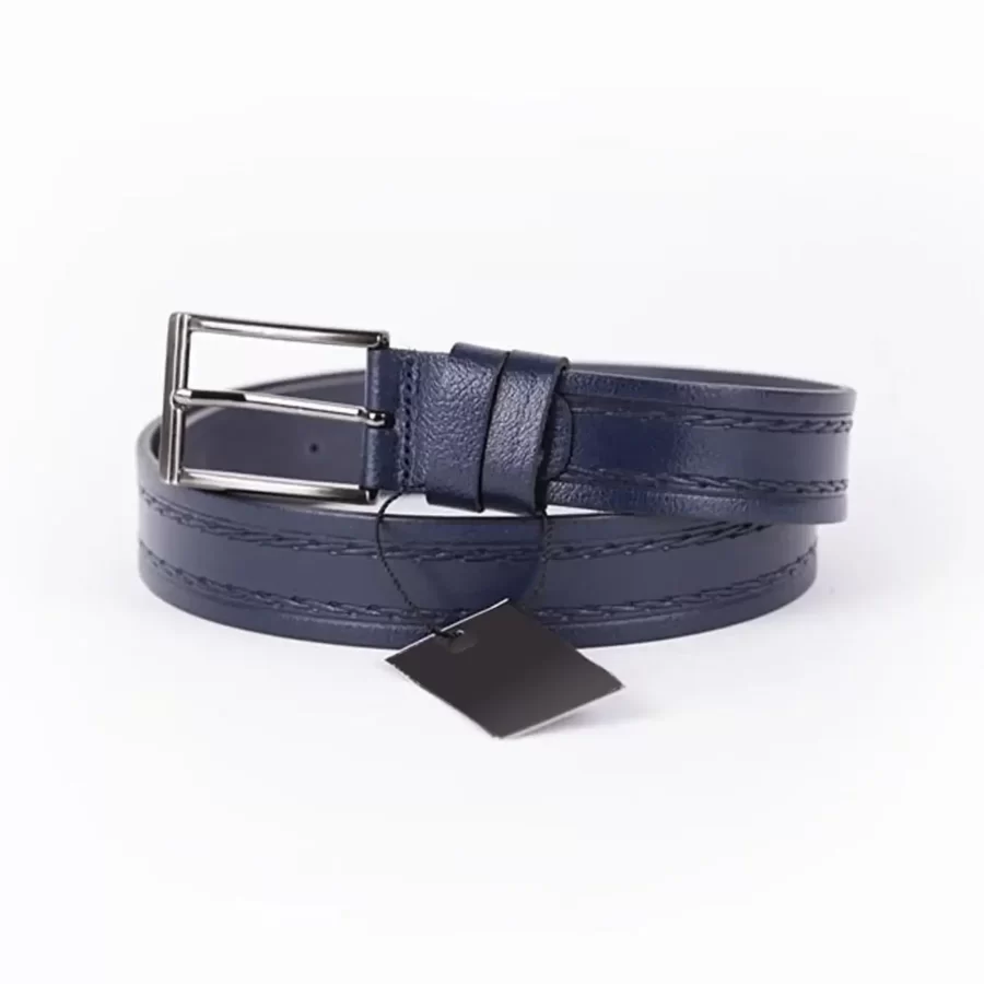 Navy Blue Mens Belt Dress Stitched Leather ST01092 8