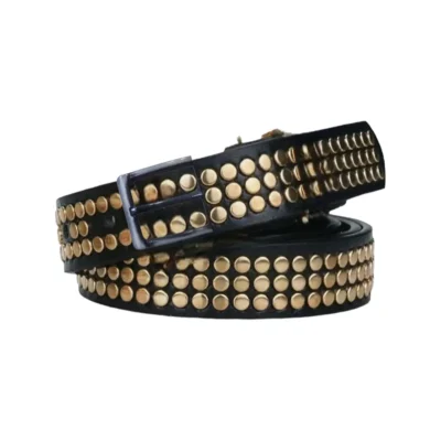 Gold Studded Belt Black Leather HBCV00004BYGFK webp