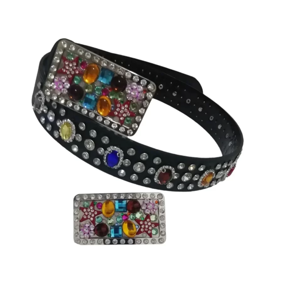 Multicolor Rhinestone Belt Black Leather HBCV00004BYHTM 1