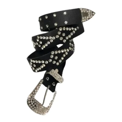 Rhinestone Belt Western Black Leather HBCV00004BYCGZ
