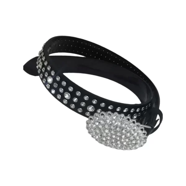 Rhinestone Belt With Rounded Buckle Black Leather HBCV00004BYF1J 1