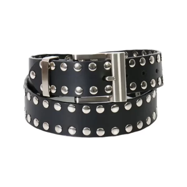 Silver Rivet Studded Belt Black Leather HBCV00004BYD19