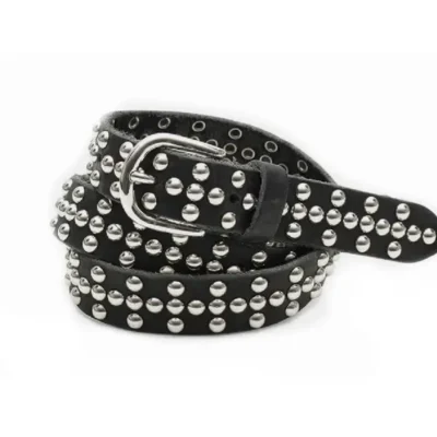 Silver Rivet Studded Belt Black Leather HBCV00004BYE2T