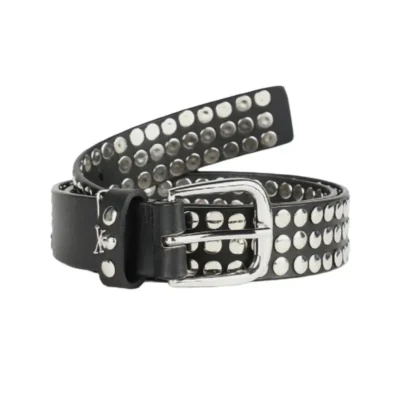 Silver Rivet Studded Belt Black Leather HBCV00004BYERJ 1