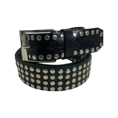 Silver Rivet Studded Belt Black Leather HBCV00004BYFM2