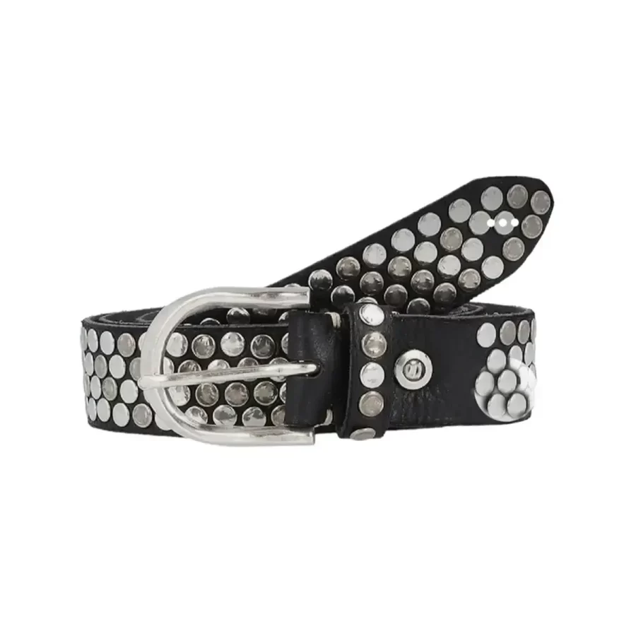 Silver Rivet Studded Belt Black Leather HBCV00004BYGQO