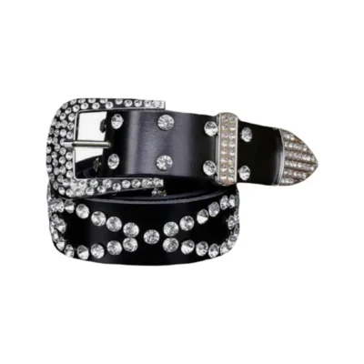 Western Rhinestone Studded Belt Black Leather HBCV00004BYFYG