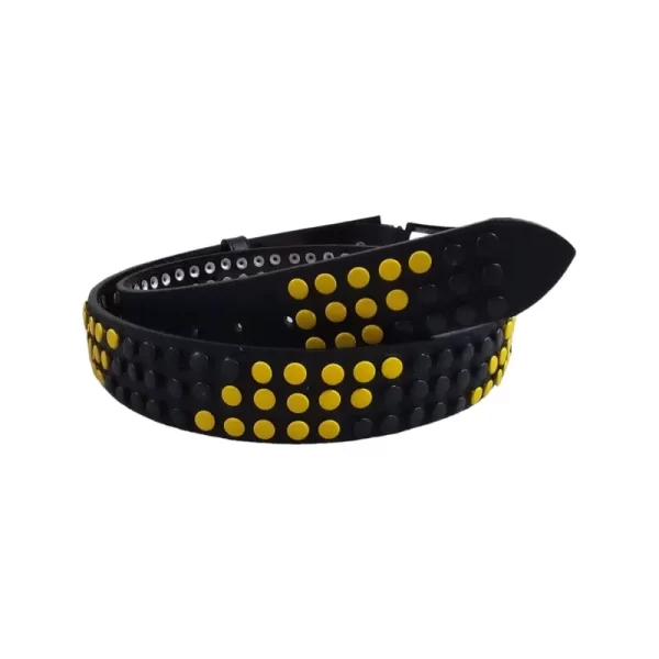 Yellow Rivet Studded Belt Black Leather HBCV00004BYFYQ 1