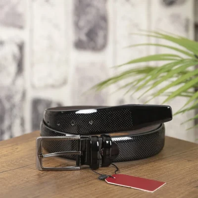 Black Mens Vegan Belt Patent Laser Cut KMR02 2