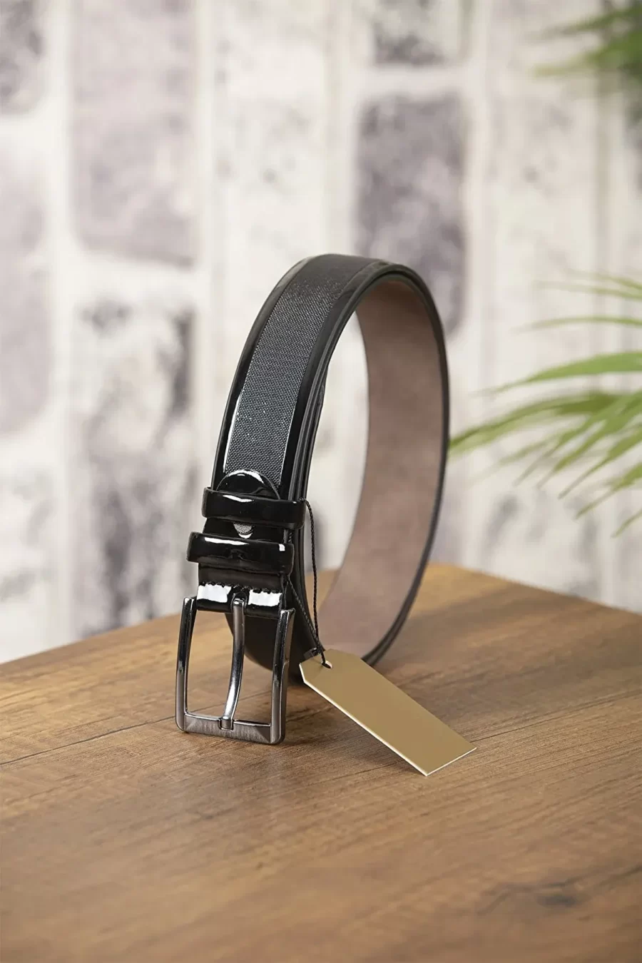 Black Mens Vegan Belt Patent Laser Cut KMR03 1