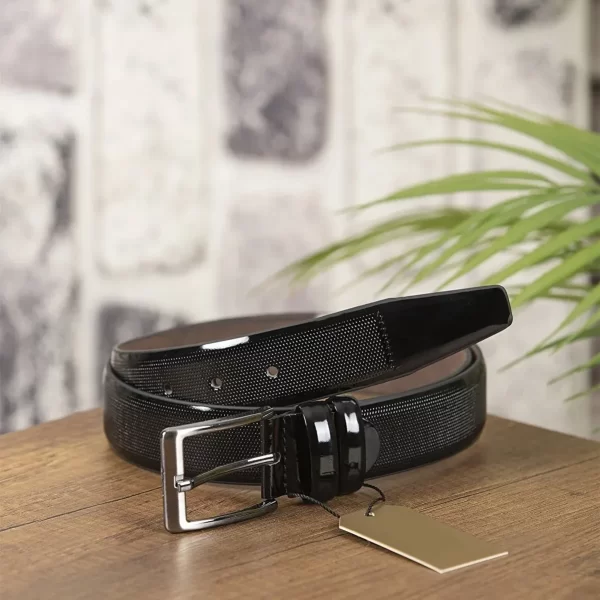 Black Mens Vegan Belt Patent Laser Cut KMR03 2