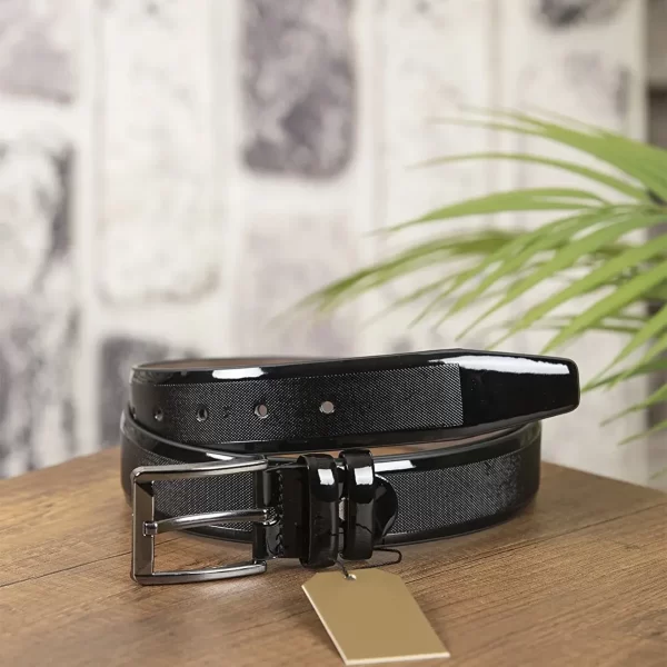 Black Mens Vegan Belt Patent Laser Cut KMR04 2