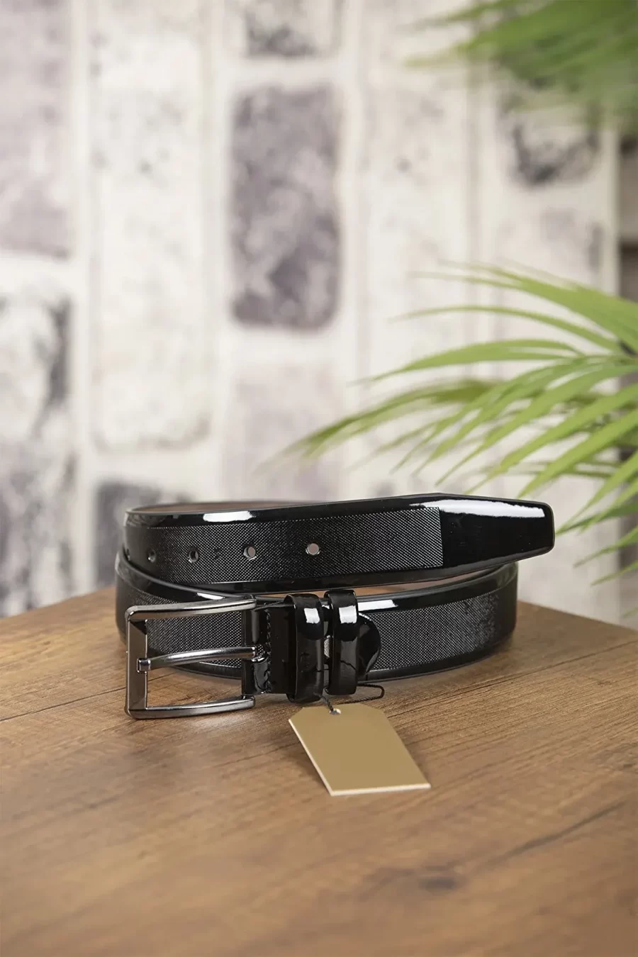 Black Mens Vegan Belt Patent Laser Cut KMR04 2