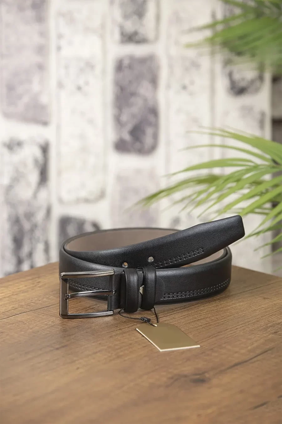 Black Mens Vegan Belt Textured Line KV10 2