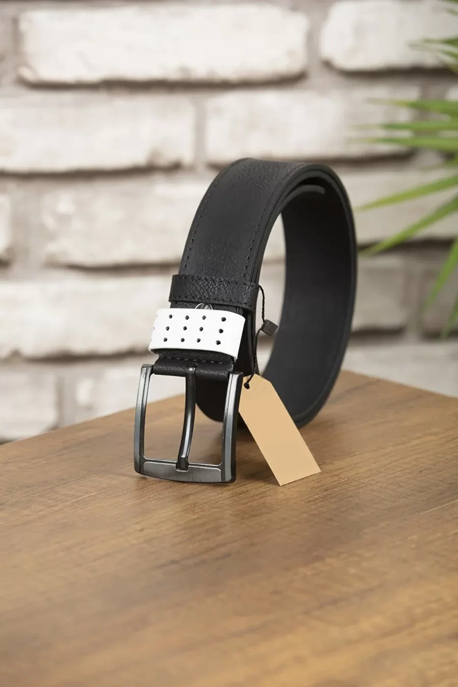 Black Mens Vegan Belt White Detail KEMER1 1