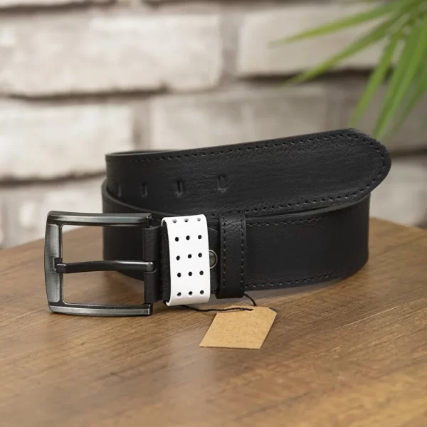 Black Mens Vegan Belt White Detail KEMER1 2