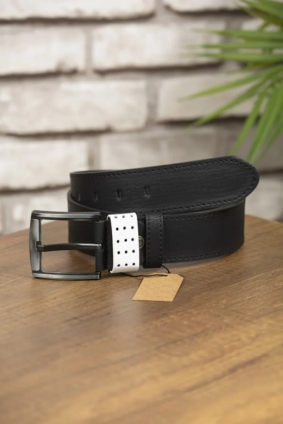 Black Mens Vegan Belt White Detail KEMER1 2