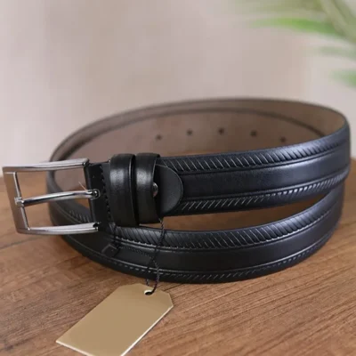 Black Mens Vegan Leather Belt Embossed Line KS 1001 1 2