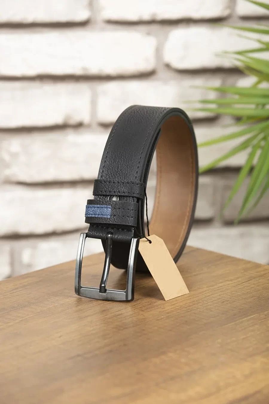 Black Mens Vegan Leather Belt Jeans Detail KEMER3 1