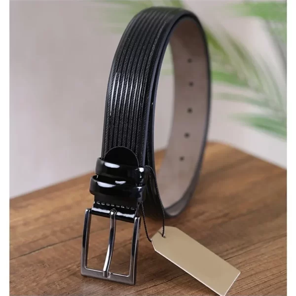 Black Mens Vegan Leather Belt Patent Textured Line K10 3