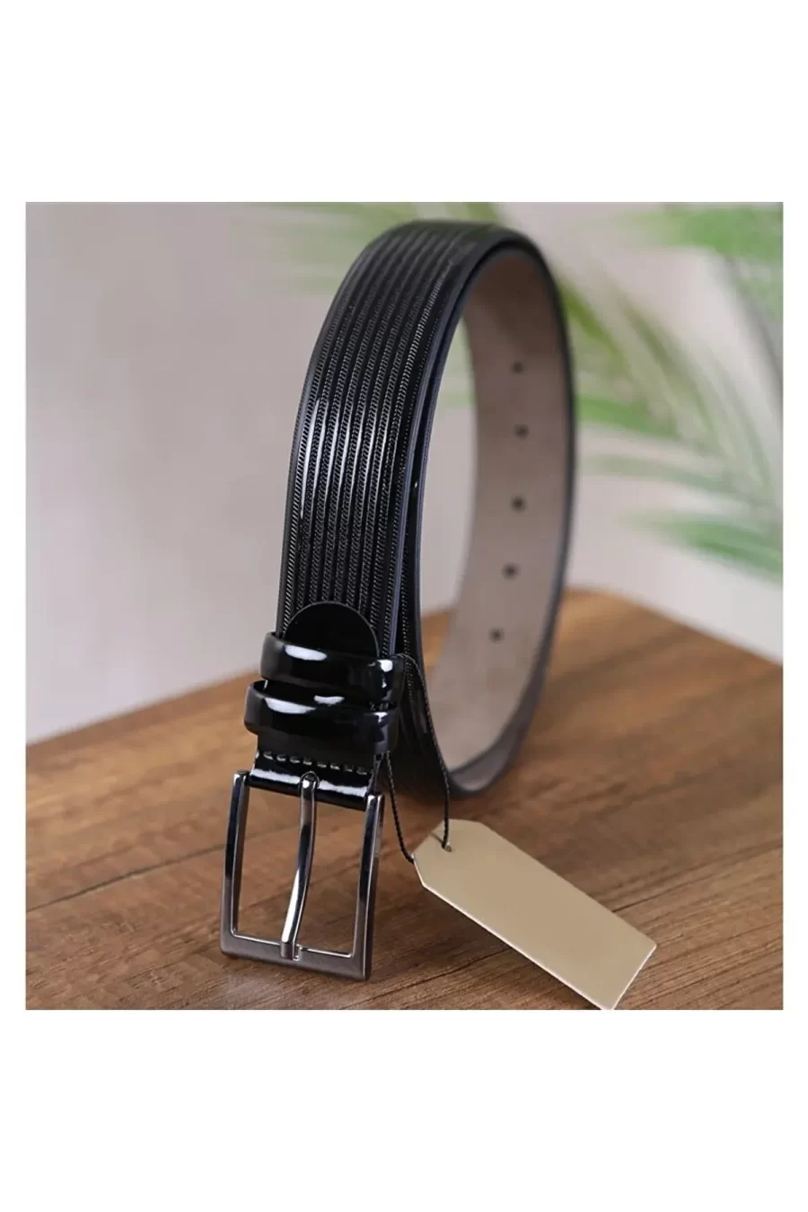 Black Mens Vegan Leather Belt Patent Textured Line K10 3