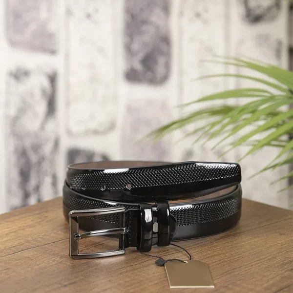 Black Mens Vegan Leather Belt Patent Textured Line KMR01 2