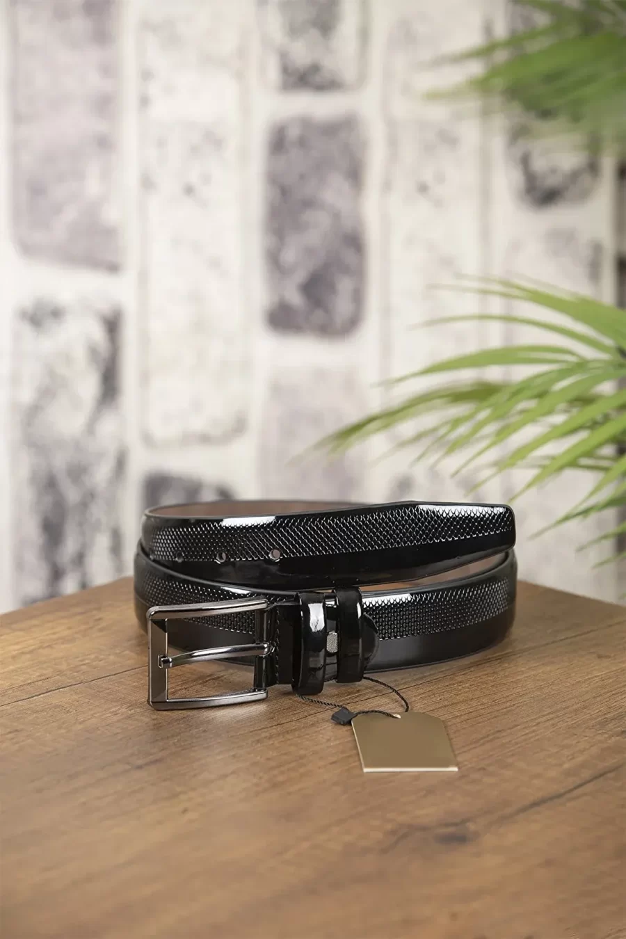 Black Mens Vegan Leather Belt Patent Textured Line KMR01 2