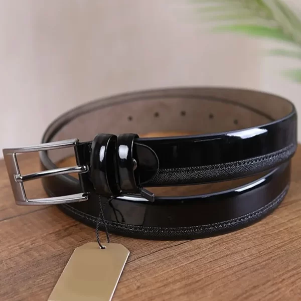 Black Mens Vegan Leather Belt Patent Textured Line KS 1008 7 2