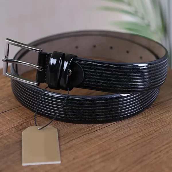 Black Mens Vegan Leather Belt Patent Textured Line KS 1011 7 2