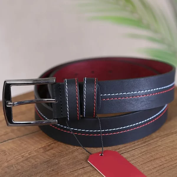 Black Mens Vegan Leather Belt Stitched Line KSS 500 01 2