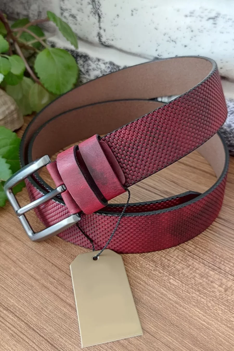 Burgundy Dad Belt Calf Leather Textured KSS 0010 13