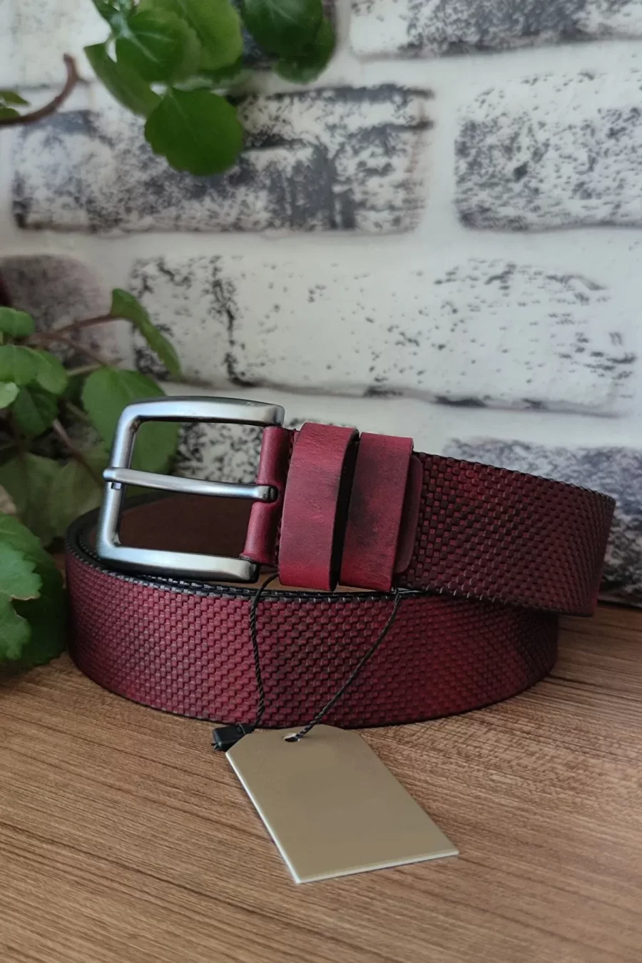 Burgundy Dad Belt Calf Leather Textured KSS 0010 14