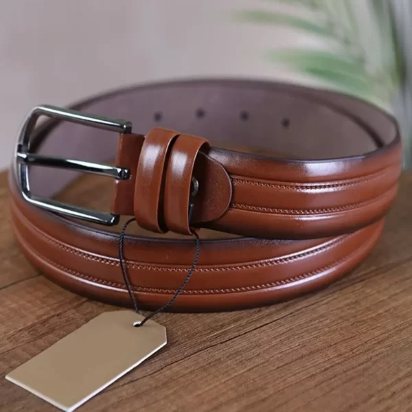 Chestnut Mens Vegan Leather Belt Embossed Line KS 1005 2 2