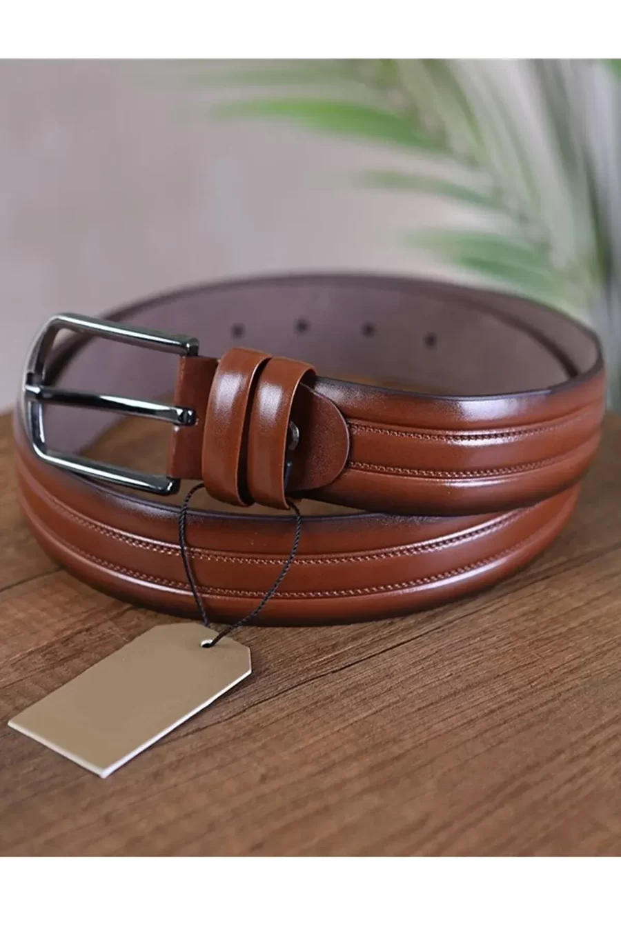 Chestnut Mens Vegan Leather Belt Embossed Line KS 1005 2 2