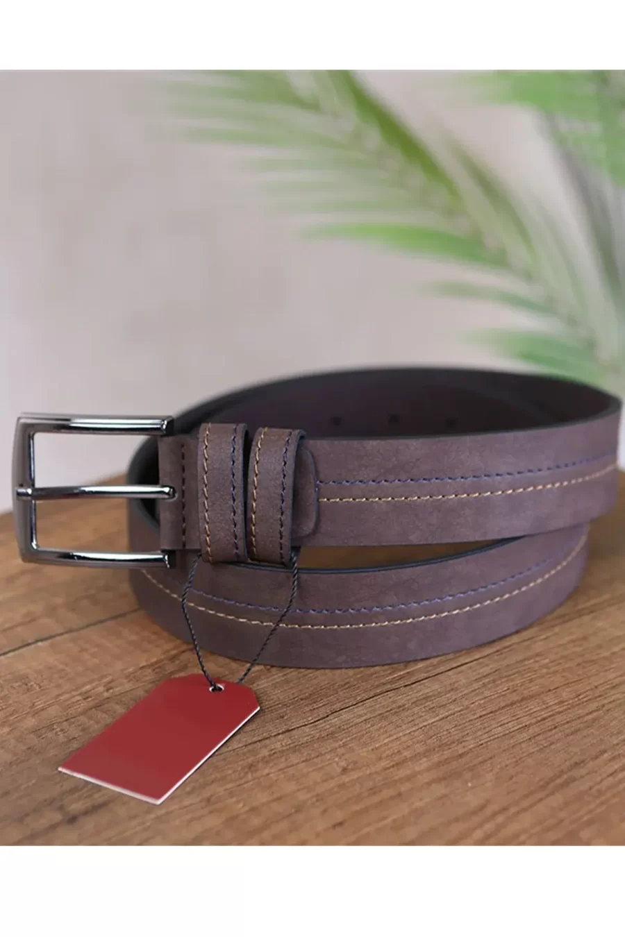 Dark Brown Mens Vegan Leather Belt Stitched Line KSS 500 3 2