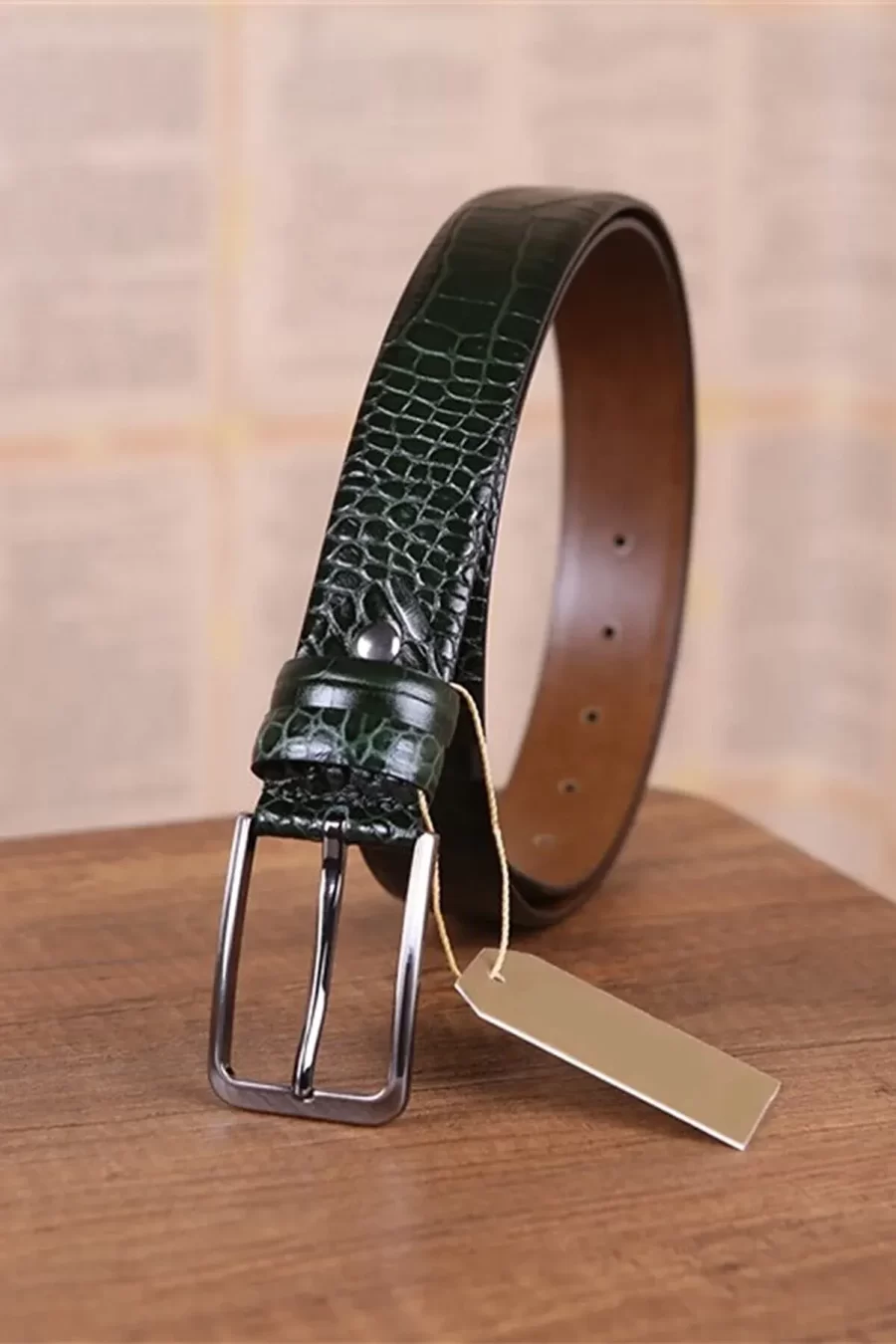 Dark Green Crocodile Print Mens Belt Casual KR 501 10 5