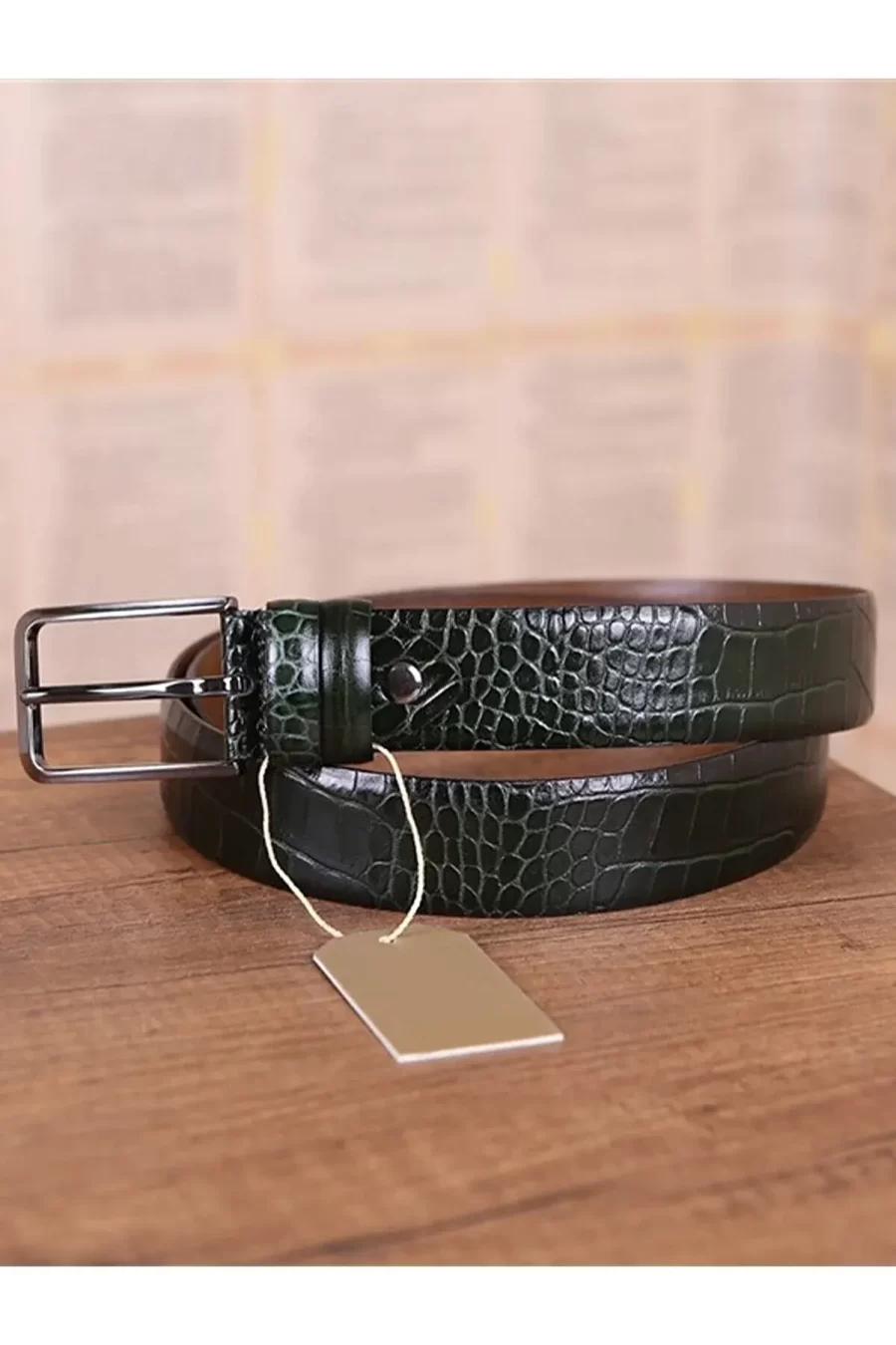 Dark Green Crocodile Print Mens Belt Casual KR 501 10 6