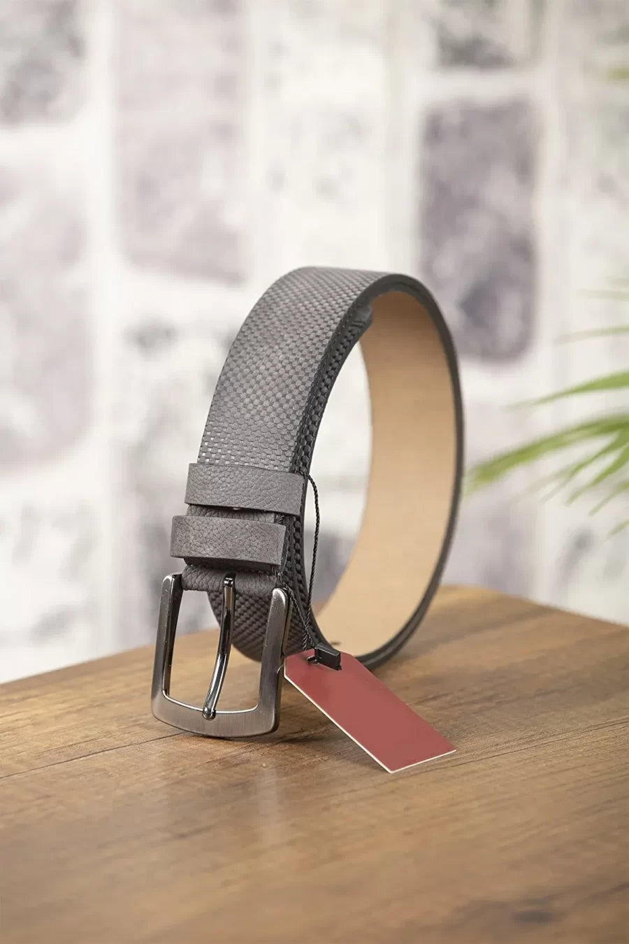 Gray Dad Belt Calf Leather Textured KSS 0010 9