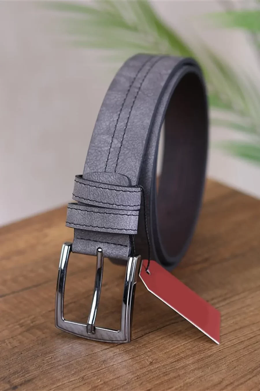 Gray Mens Vegan Leather Belt Stitched Line KSS 500 13 1