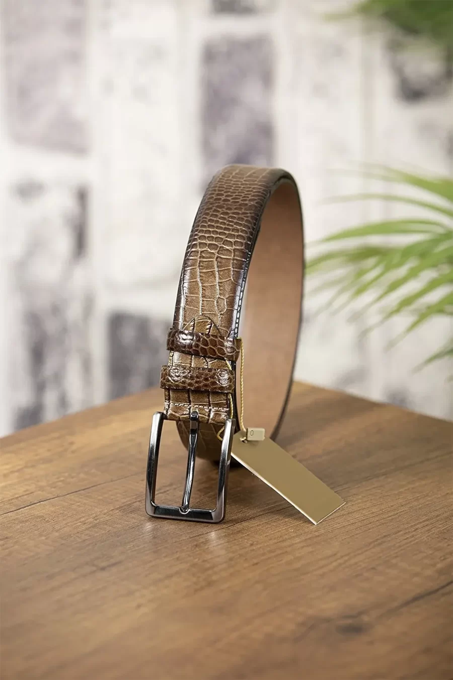 Khaki Green Crocodile Print Mens Belt Casual KR 501 10 1