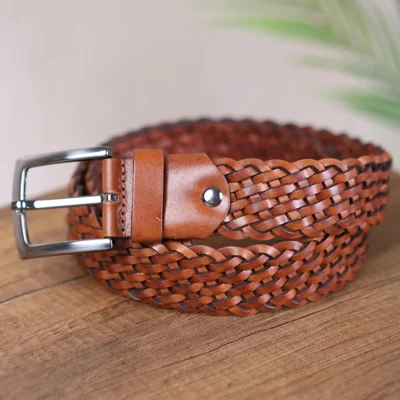 Light Brown Mens Braided Golf Belt 4 0 Cm Leather KDO 100 2 4