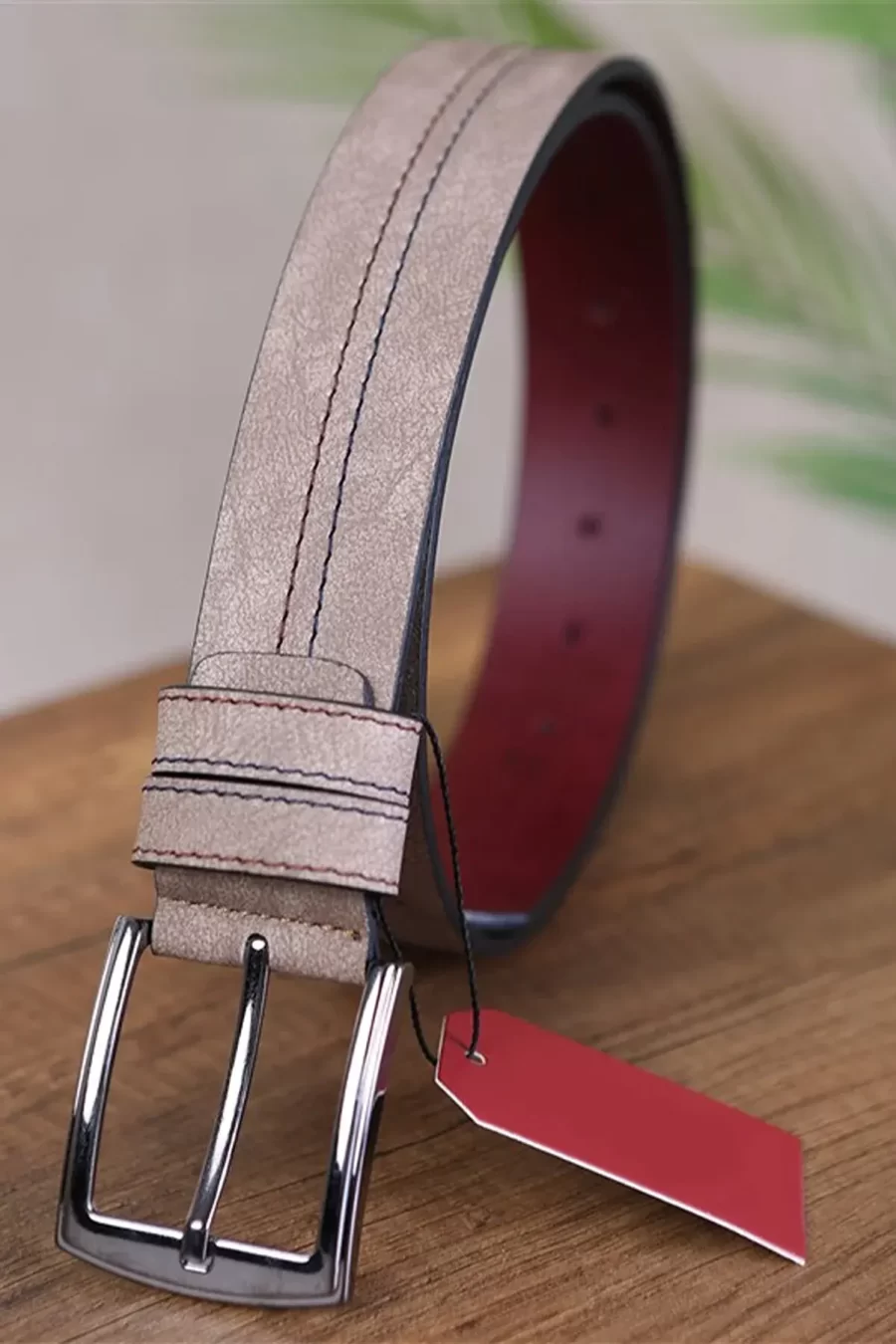 Taupe Mens Vegan Leather Belt Stitched Line KSS 500 8 1