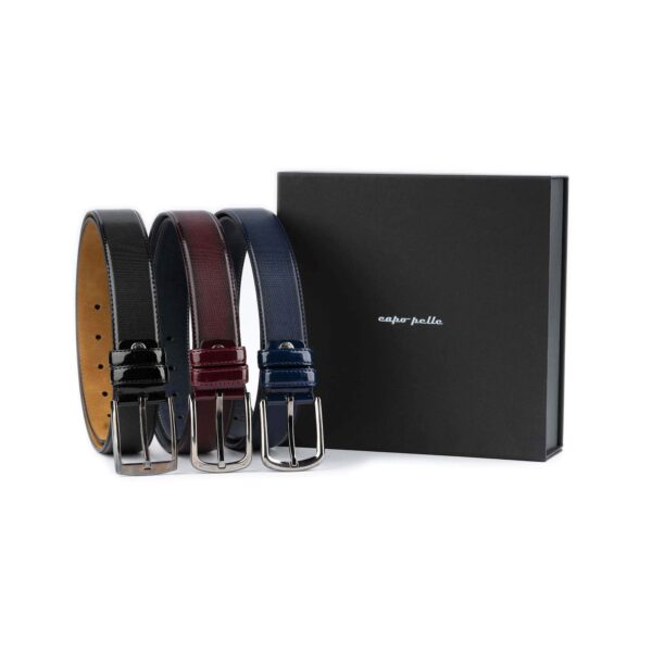 Vegan Belts 3 PC Gift Set For Men Patent Black Blue Burgundy 1